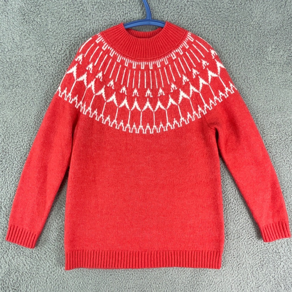 Talbots Sweater Women MP Red Fair Isle Mock Neck Knit Winter Pullover